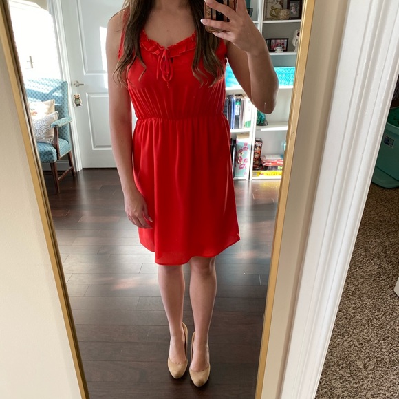 red dress with jean jacket